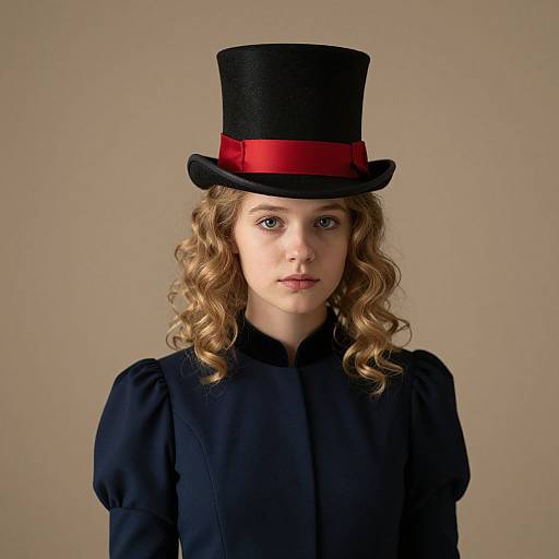 Photograph of a young girl with curly blonde hair, wearing a black top hat with a red ribbon, and a dark blue puffed-sleeve