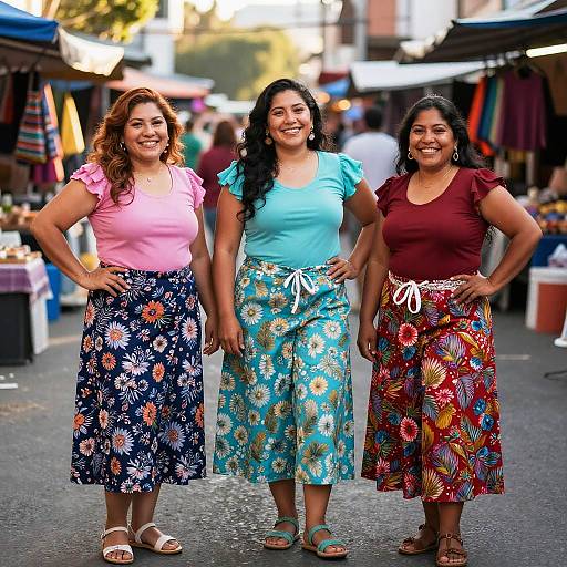 Photograph of three smiling women standing outdoors at a colorful market, wearing floral skirts and casual tops, with vendor stalls in background.