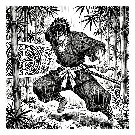 Fierce Samurai in Rainy Bamboo Grove