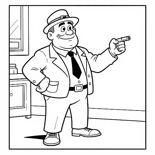 Black-and-white cartoon drawing of a chubby, smiling security guard in a suit, cap, and tie, pointing a gun, standing in an office doorway