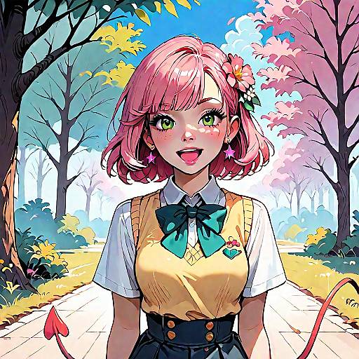 Anime Girl with Pink Hair and Demon Tail Outdoors