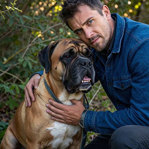 Photograph of a bearded man in a denim shirt lovingly petting a tan and white fawn-colored dog with a black snout, set