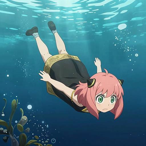 Anime-style digital illustration of a pink-haired girl with green eyes, black dress, and gold trim, swimming underwater. She's surrounded by bubbles and seaw
