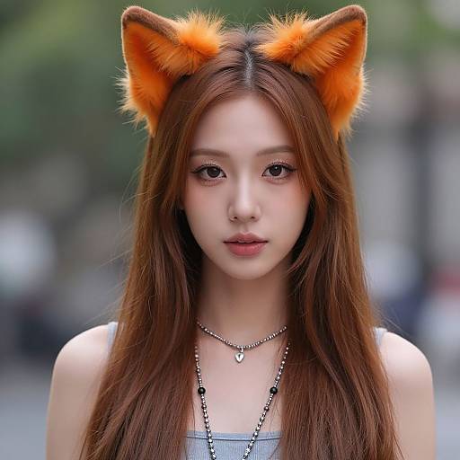 Photograph of an Asian woman with long brown hair, wearing orange fox ear headband and gray top, necklace, blurred urban background.