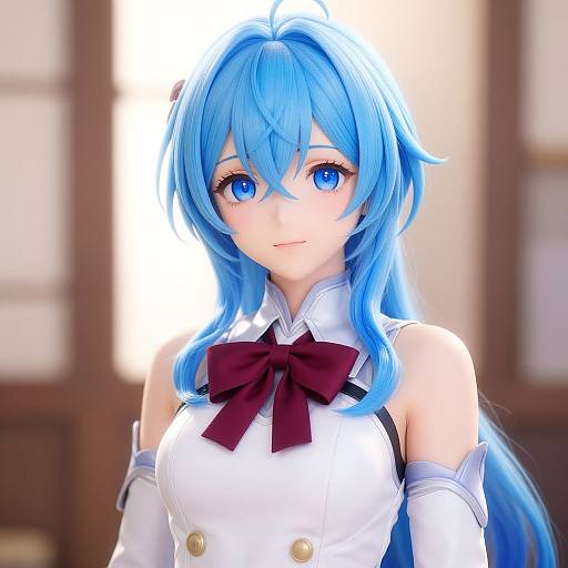 Digital anime-style illustration of a blue-haired girl with striking blue eyes, wearing a white sleeveless top with a maroon bow, against a blurred indoor