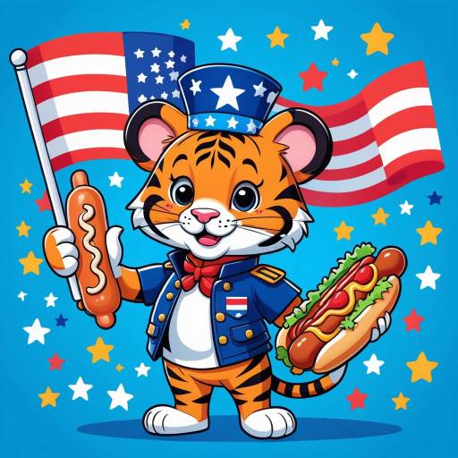 Patriotic Cartoon Tiger with Hotdog