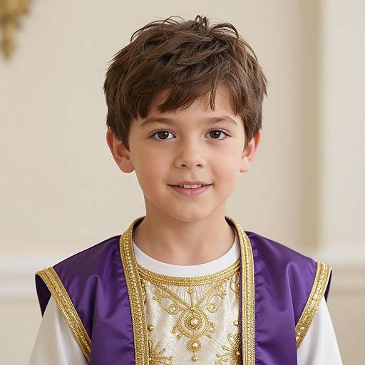 Photograph of a young boy with short brown hair, wearing a white and purple embroidered vest, smiling softly, against a blurred, light-colored background.
