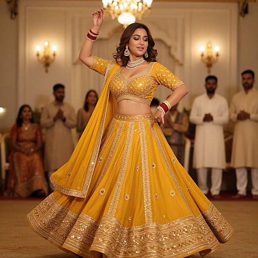 Photograph of a confident Indian woman in a golden traditional lehenga-choli, adorned with intricate embroidery, performing a dance in an elegant, warmly lit