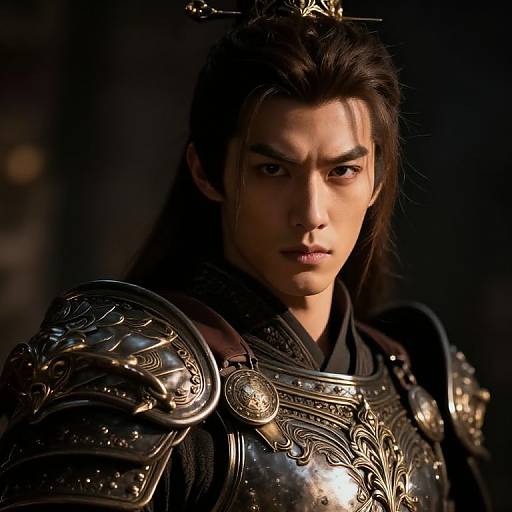 Photograph of a serious East Asian man with long black hair, wearing detailed, ornate medieval-style metal armor, illuminated by dramatic lighting.