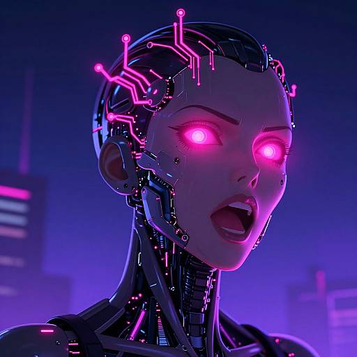 Cybernetic woman with glowing pink eyes and neon circuitry on her head and neck, set against a futuristic, blue-lit urban background.