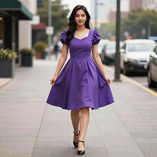 Woman in Purple Dress Walking on Sidewalk