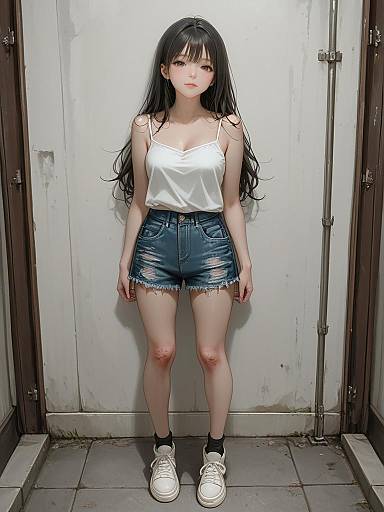 Digital anime-style photograph of a young woman with long black hair, wearing a white tank top, denim shorts, black socks, and white sneakers, standing