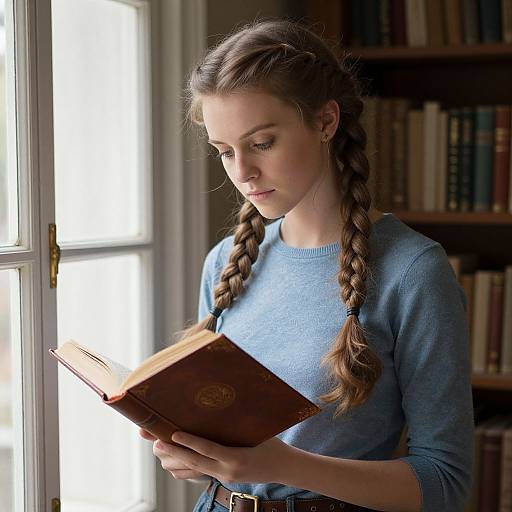 Photograph of a young woman with braided brown hair, wearing a light blue sweater, reading a brown book by a sunlit window in a book