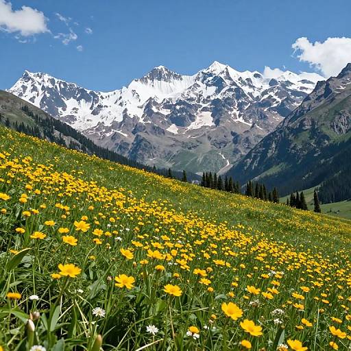 Photograph of a vibrant meadow with yellow and white wildflowers, leading to a backdrop of snow-capped mountains under a bright blue sky.