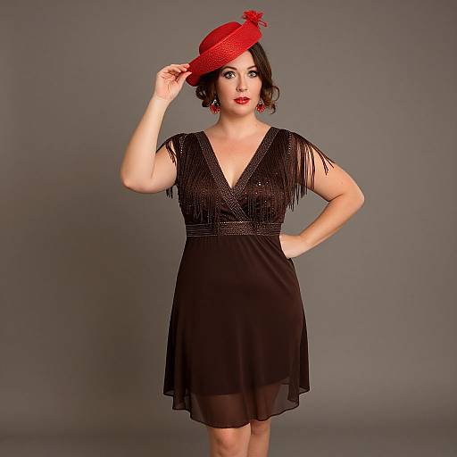 Photograph of a curvy woman with pale skin, black dress with fringe, red hat, red earrings, and red lipstick, standing against a gray