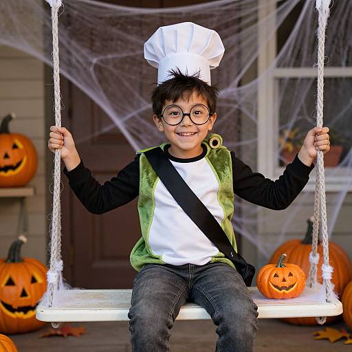 Photograph of a smiling young boy with glasses, chef hat, green vest, black shirt, and jeans, sitting on a white Halloween-themed swing,