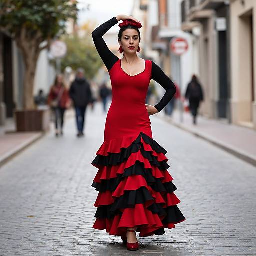 Photograph of a confident woman in a red and black ruffled dress, standing on a cobblestone street, raising her arm, with blurred pedestrians