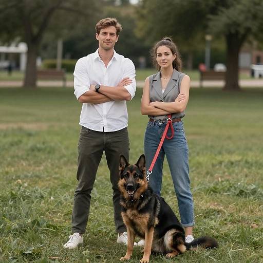 Couple in Park with German Shepherd