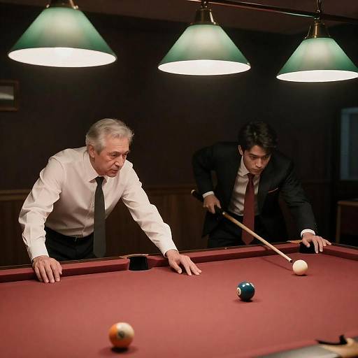 Two Men in Dimly Lit Poolroom