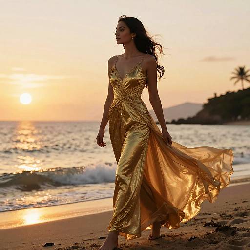 Elegant Woman in Golden Gown Walking on Beach at Sunset