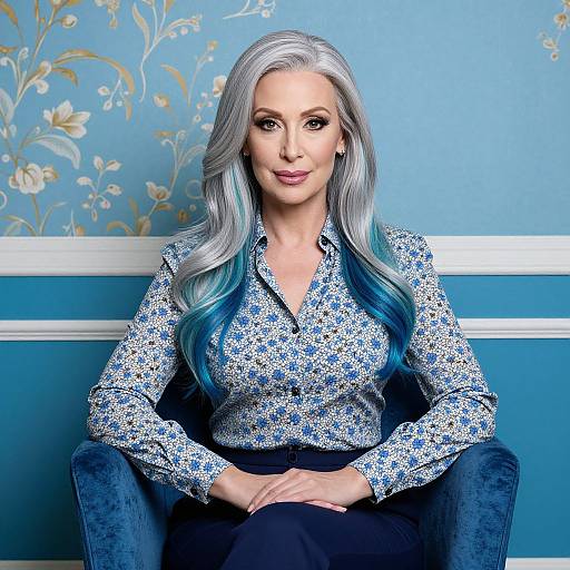 Photograph of a woman with silver and blue ombre hair, wearing a blue floral blouse and black pants, seated against a blue floral wallpaper background