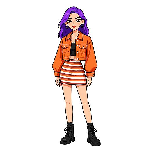 Stylish Woman in Burnt Orange Denim Jacket and Striped Mini Skirt