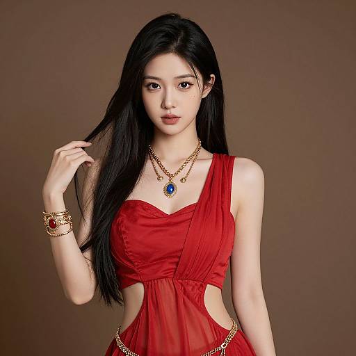 Photograph of an East Asian woman with long black hair, wearing a red, semi-sheer dress, gold jewelry, against a brown background.