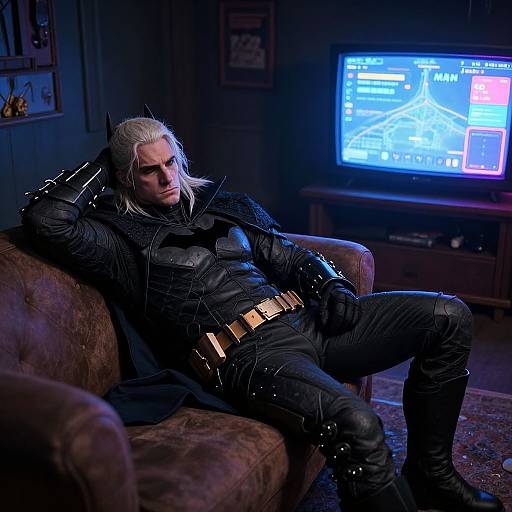 Photograph of a muscular, white-haired man in black leather Batman suit, reclining on a brown sofa, watching TV in dimly lit room with