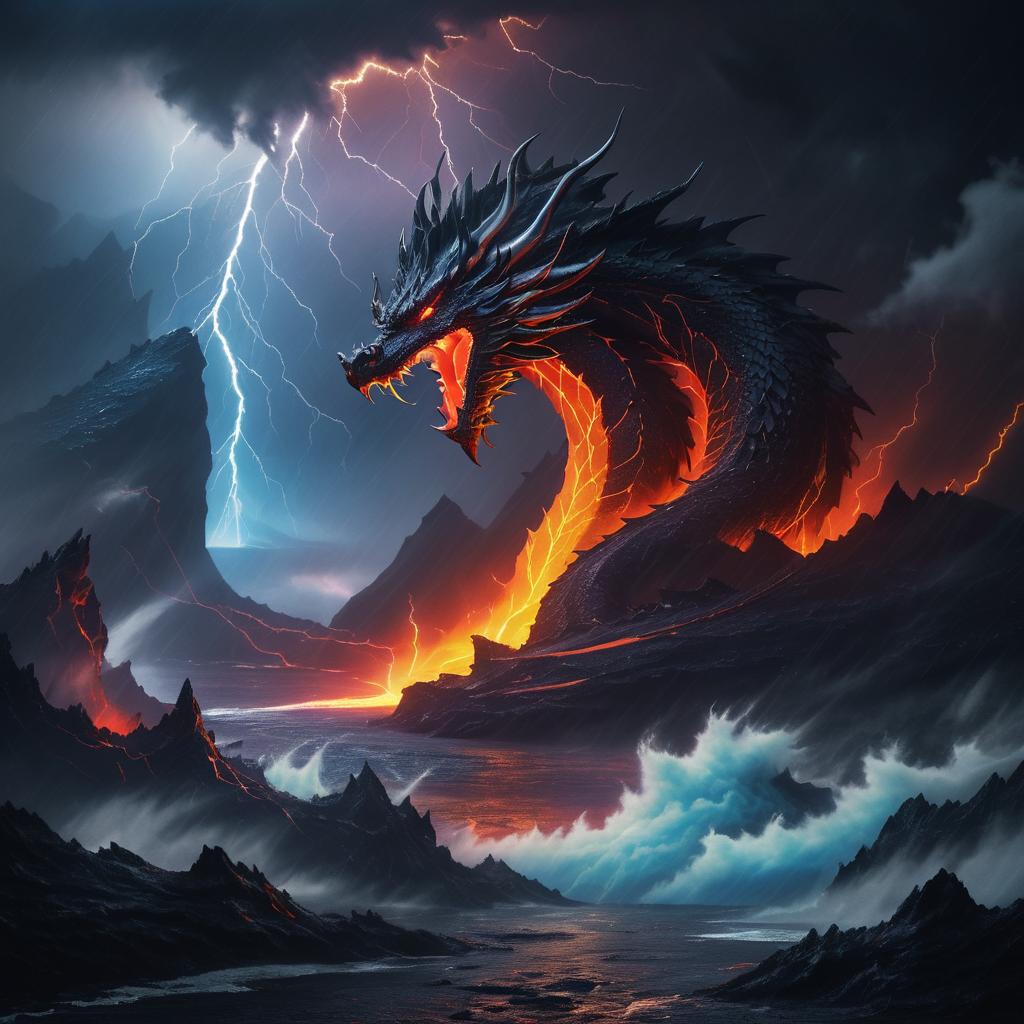 Dramatic Dragon at Stormy Volcano