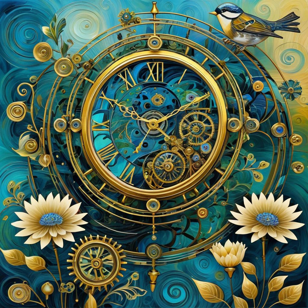 Surreal Clockwork Sparrow Flower Painting