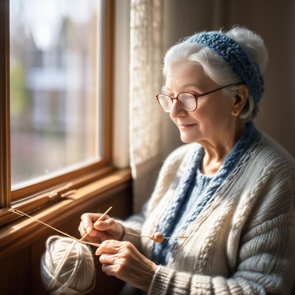 Serene Elderly Woman Knitting by Window