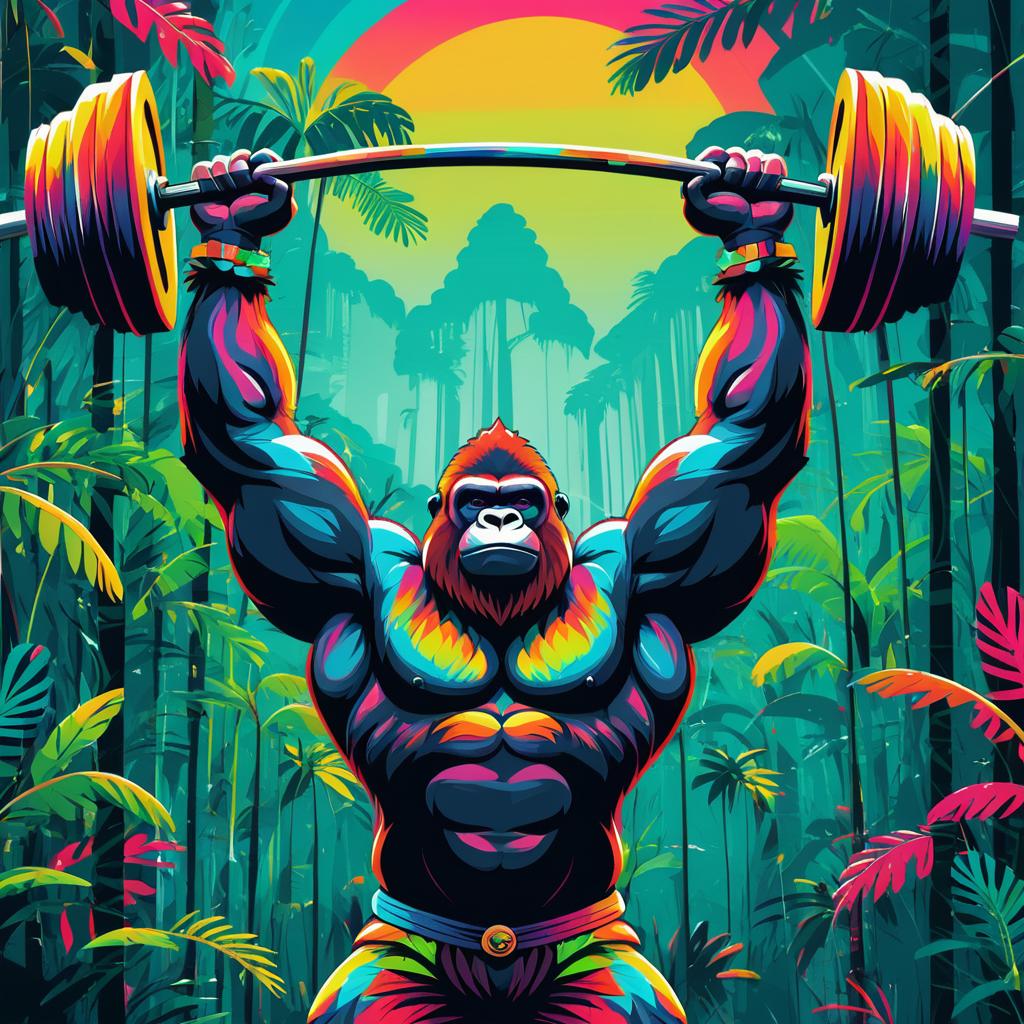 Muscular Gorilla Lifting Barbell in Rainforest