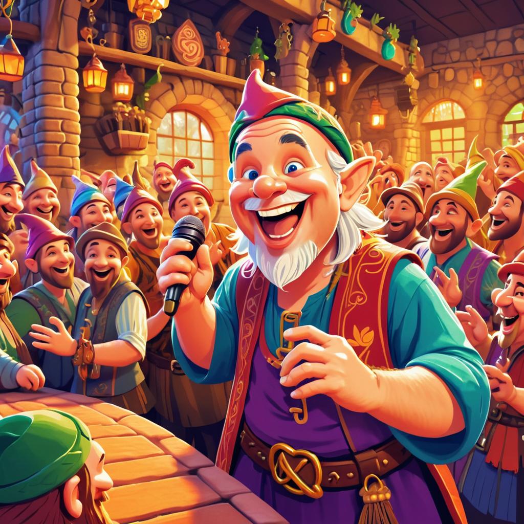 Cheerful Gnome Entertains a Tavern Crowd