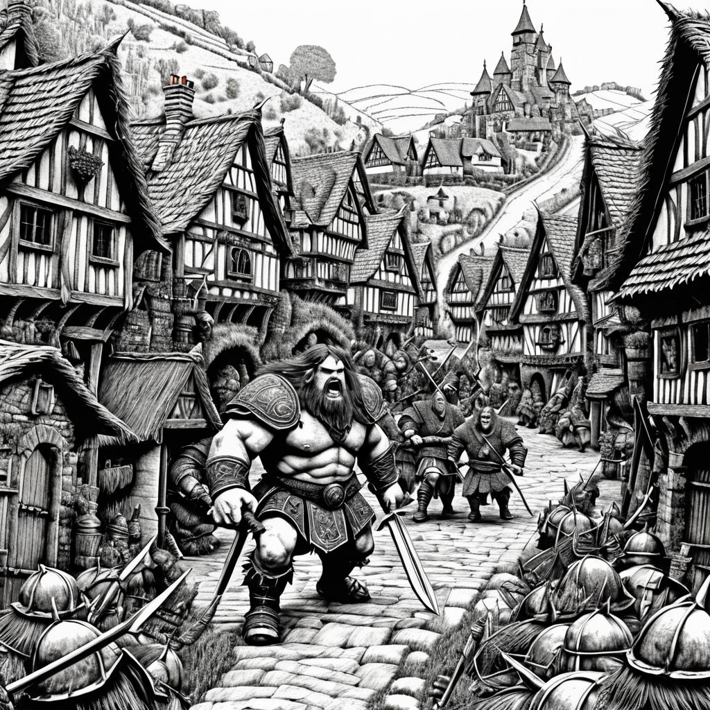 Fearsome Ogre Rampaging Through Village