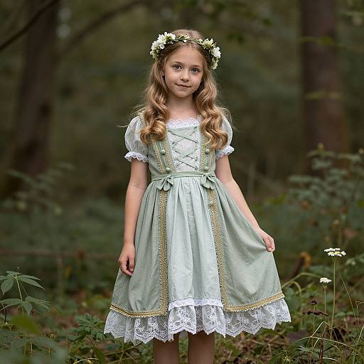 Photograph of a young girl with wavy blonde hair, wearing a light green dress with white lace trim, and a flower crown, standing in a