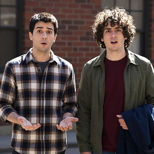 Surprised Men Outside a Brick Building