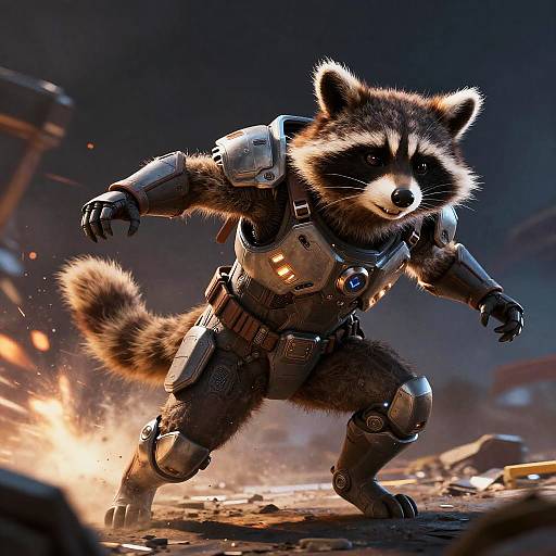 CGI image of a raccoon in futuristic, metallic armor, crouching amid a fiery urban battlefield, with glowing sparks and dark, smoky