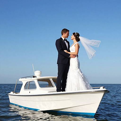 Newly Married Couple on Boat Bow