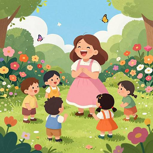 Joyful Family Play in Colorful Garden
