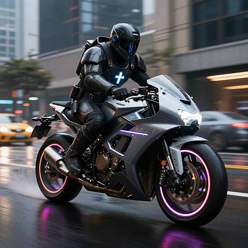 Futuristic Crusader on Neon Motorbike