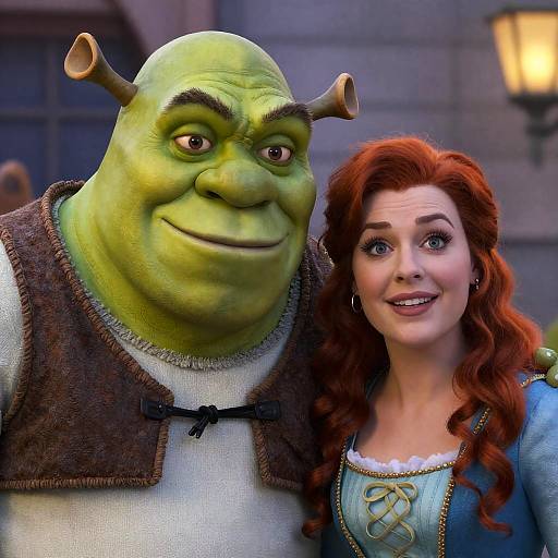 Photograph of Shrek and Fiona from the animated movie, standing close together. Shrek, green ogre with brown vest, stands beside Fiona,