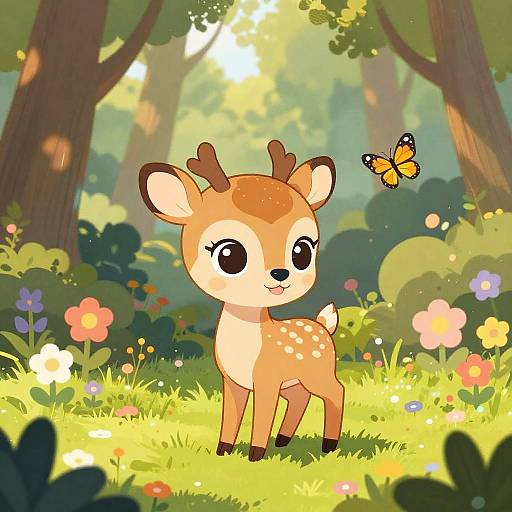 Whimsical Cartoon Baby Deer in Forest