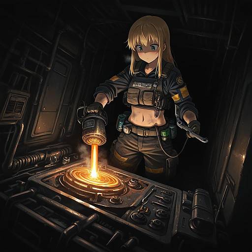 Blond Woman Repairing Steamship Engine