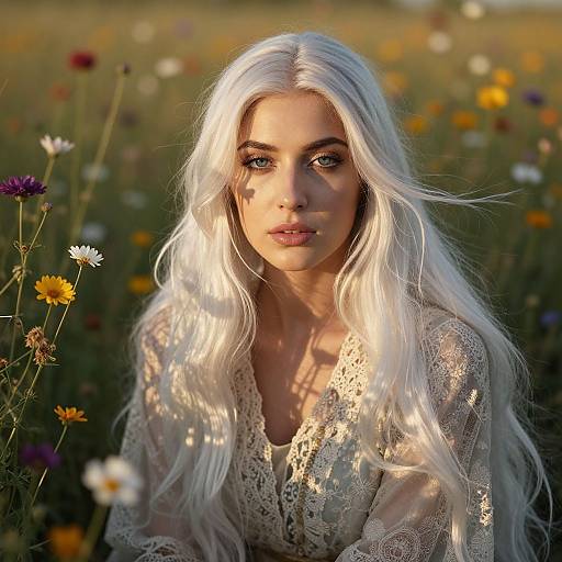 Photograph of a young woman with long, platinum blonde hair, wearing a lace, V-neck top, standing in a sunlit field of colorful wild