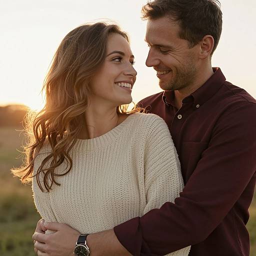 Photograph of smiling couple at sunset; woman with wavy brown hair in white knit sweater, man in maroon shirt, hugging.