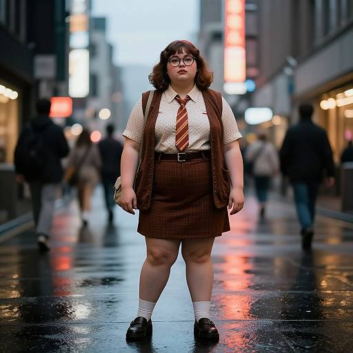 Photograph of a plus-sized woman with glasses, brown hair, wearing a white shirt, red-striped tie, brown plaid skirt, and vest,