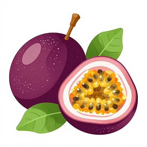 Digital illustration of two purple passion fruits, one whole and one halved, showing yellow-orange seeds and white flesh, with green leaves.