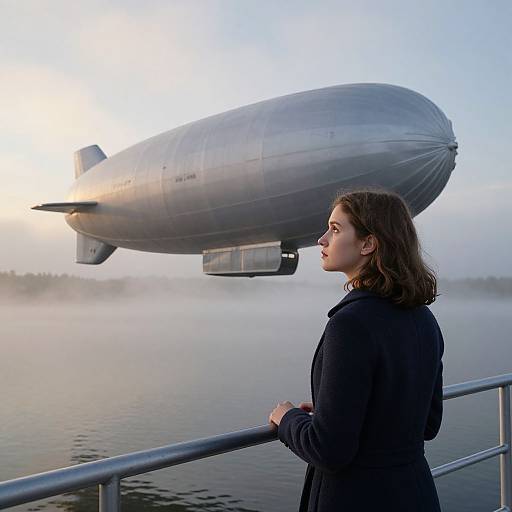 Photograph of a woman with wavy brown hair, wearing a black coat, gazing at a large, silver airship above a misty lake