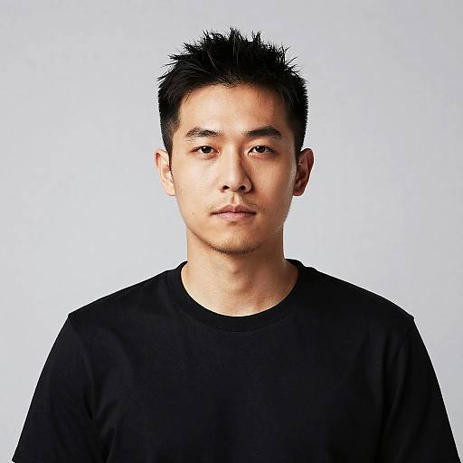Photograph of an Asian man with short black spiky hair, medium skin tone, wearing a plain black shirt, against a plain white background.