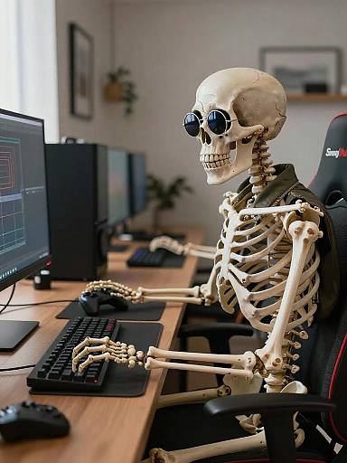 Skeleton Gaming at Computer Desk